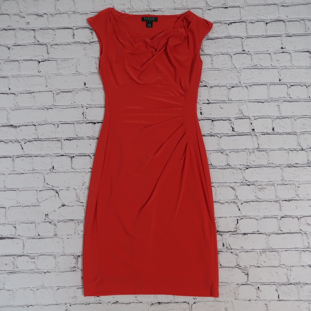LAUREN Ralph Lauren Slimming Red Sheath Stretch Dress Draped Cowl Neck Size 2